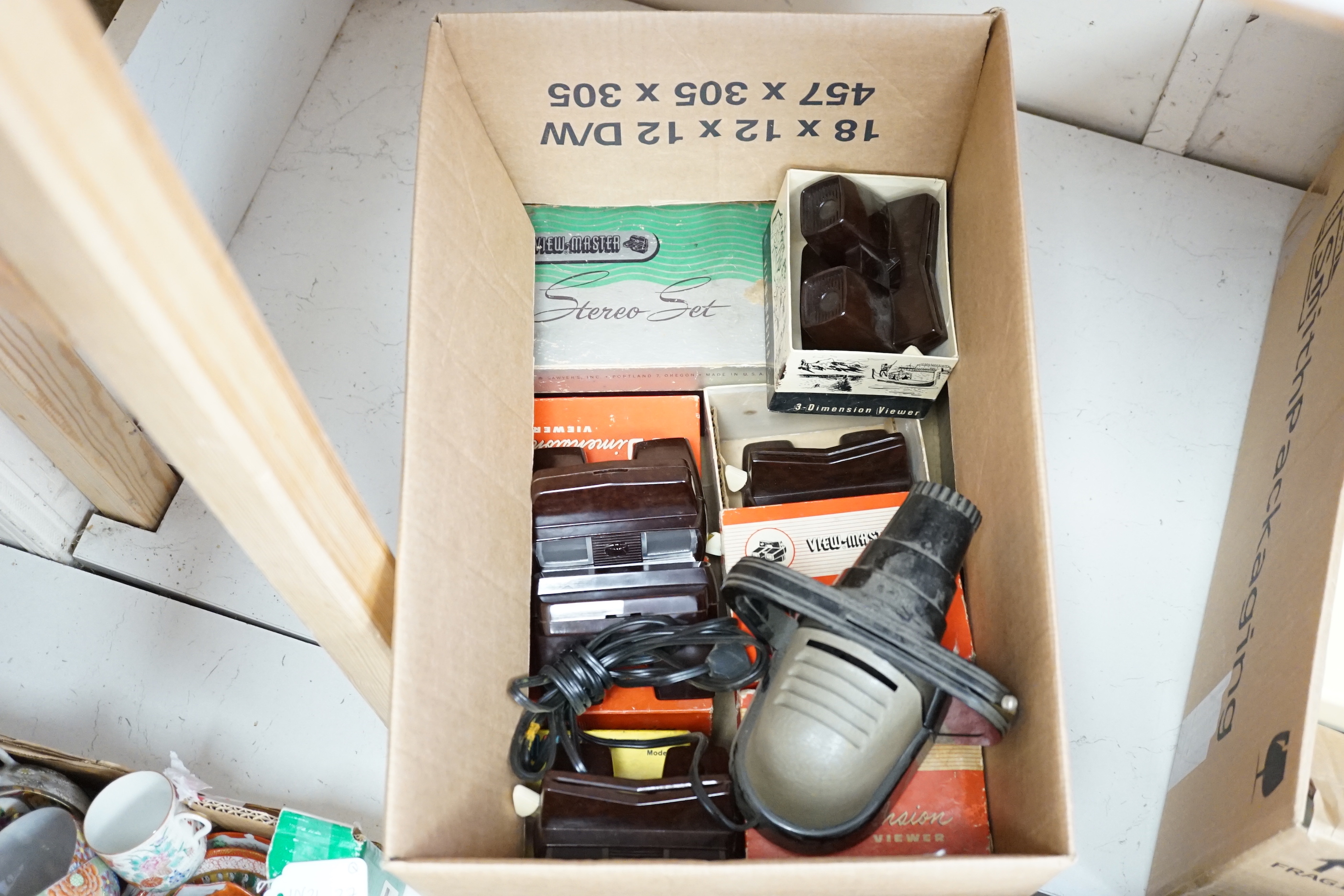 Twelve View-Masters viewers, a View-Master Projector and a Stereo Set, including several Model E examples, seven viewers boxed